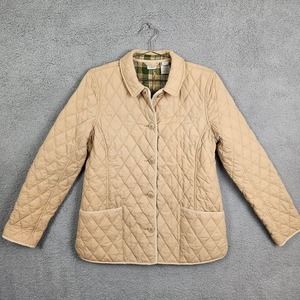 L.L. Bean Tan Quilted Chore Barn Coat Womens Large Plaid Lined Button Riding